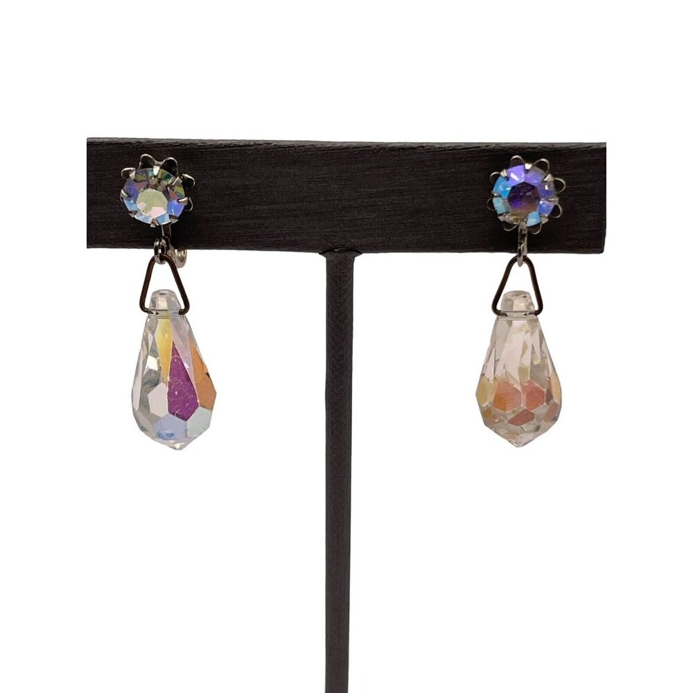 Coro Crystal Aurora Borealis Drop Screw Back Earrings Silver Tone Dangle Vintage